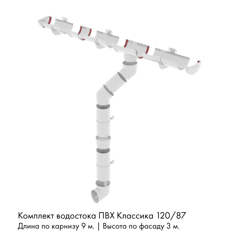 Комплект водостока 9 x 3 м. Grand Line ПВХ Классика 120/87 Белый RAL9003