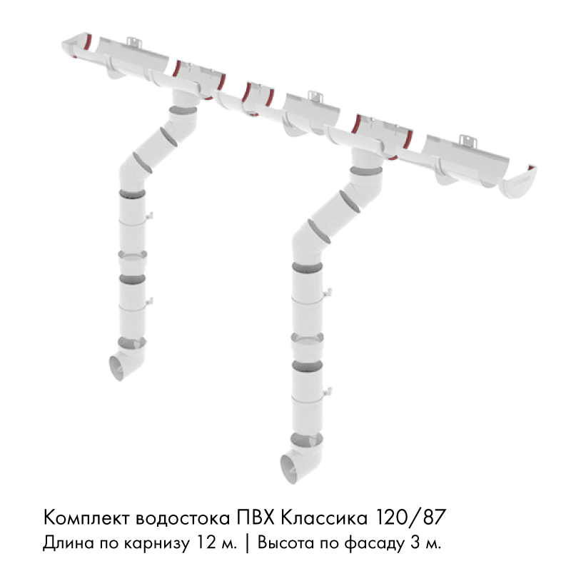 Комплект водостока 12 x 3 м. Grand Line ПВХ Классика 120/87 Белый RAL9003